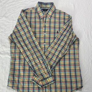 Ralph Lauren Yellow, Blue Plaid Button Down Polo Long-sleeve Shirt Size Large